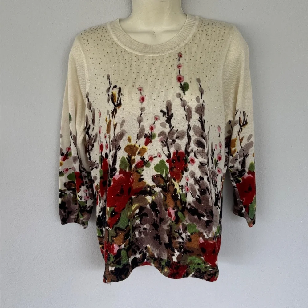 Vintage CD Petites cream red floral print rhinestone stud sweater size medium